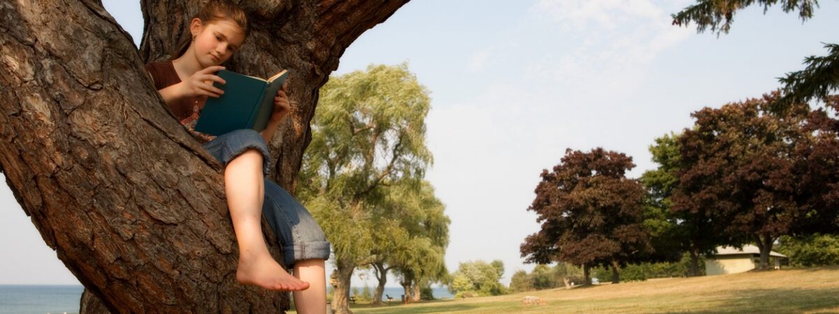 A young girl sits barefoot in a large tree, engrossed in reading a book on a